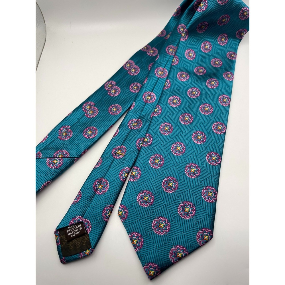 Robert Talbott Mens Teal Blue Silk Geometric Medallion Print Necktie Made in USA